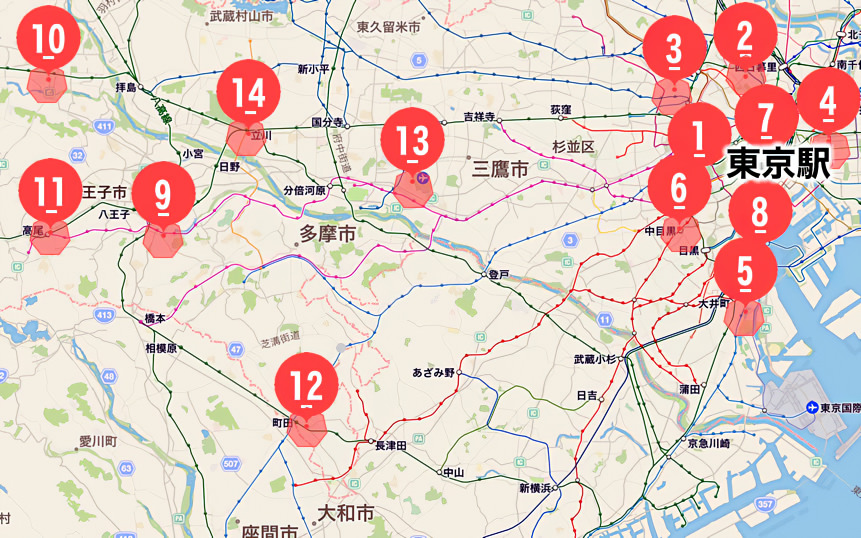 東京 都内 新宿 日帰り 温泉 銭湯 全体地図